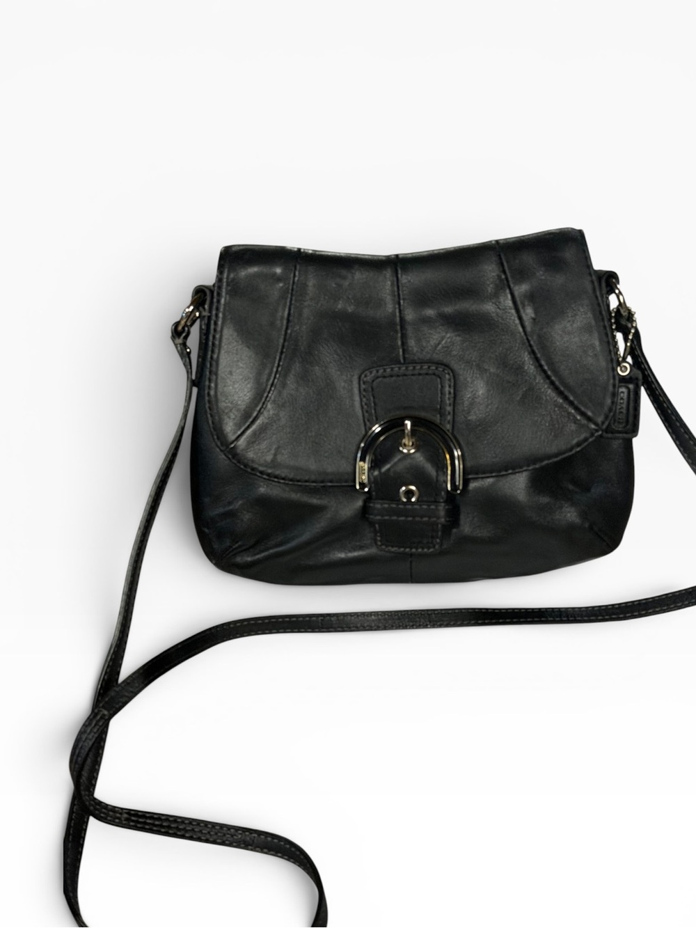Coach Black Leather Crossbody Shoulder Bag with Buckle Accent and Blue Interior